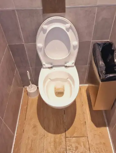 Toilettes blanches et plancher en bois propres